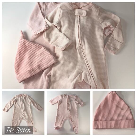 Baby Girl 3-Piece Bundle | Carter’s & Little Me | NB–3M | Pink Sleepers + Hat - Picture 1 of 10